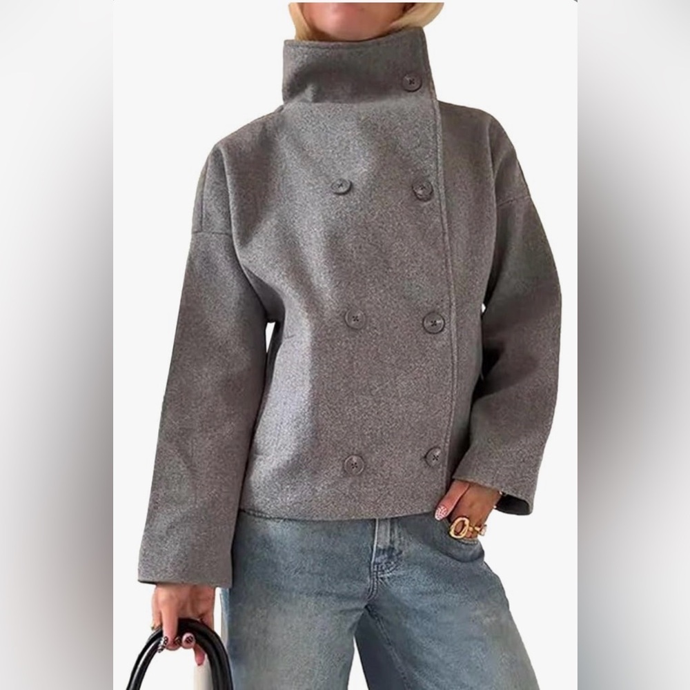 Womens Double-Breasted Gray Wool-Blend Coat small